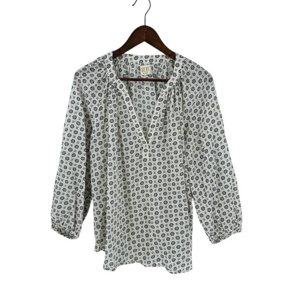 Boo Gemes Cotton Boho Blouse White Navy Blue V-Neck Long Sleeve Pullover Size L - Picture 1 of 6